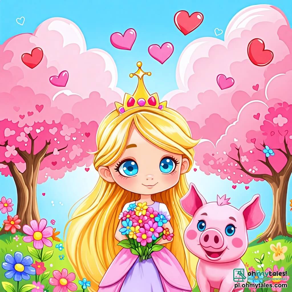 Une illustration sous forme de dessin destinée aux enfants représentant un magnifique royaume féerique avec des arbres en forme de cœur et des nuages roses, où une princesse aux longs cheveux dorés et aux yeux bleu éclatant se tient courageusement au centre, tenant un bouquet de fleurs colorées qu'elle vient de récupérer, tandis qu'à ses côtés, une petite cochonne rose aux joues rondes l'encourage avec un regard admiratif, le tout dans une atmosphère joyeuse et lumineuse, symbolisant l'amour et l'amitié triomphant sur la tristesse.