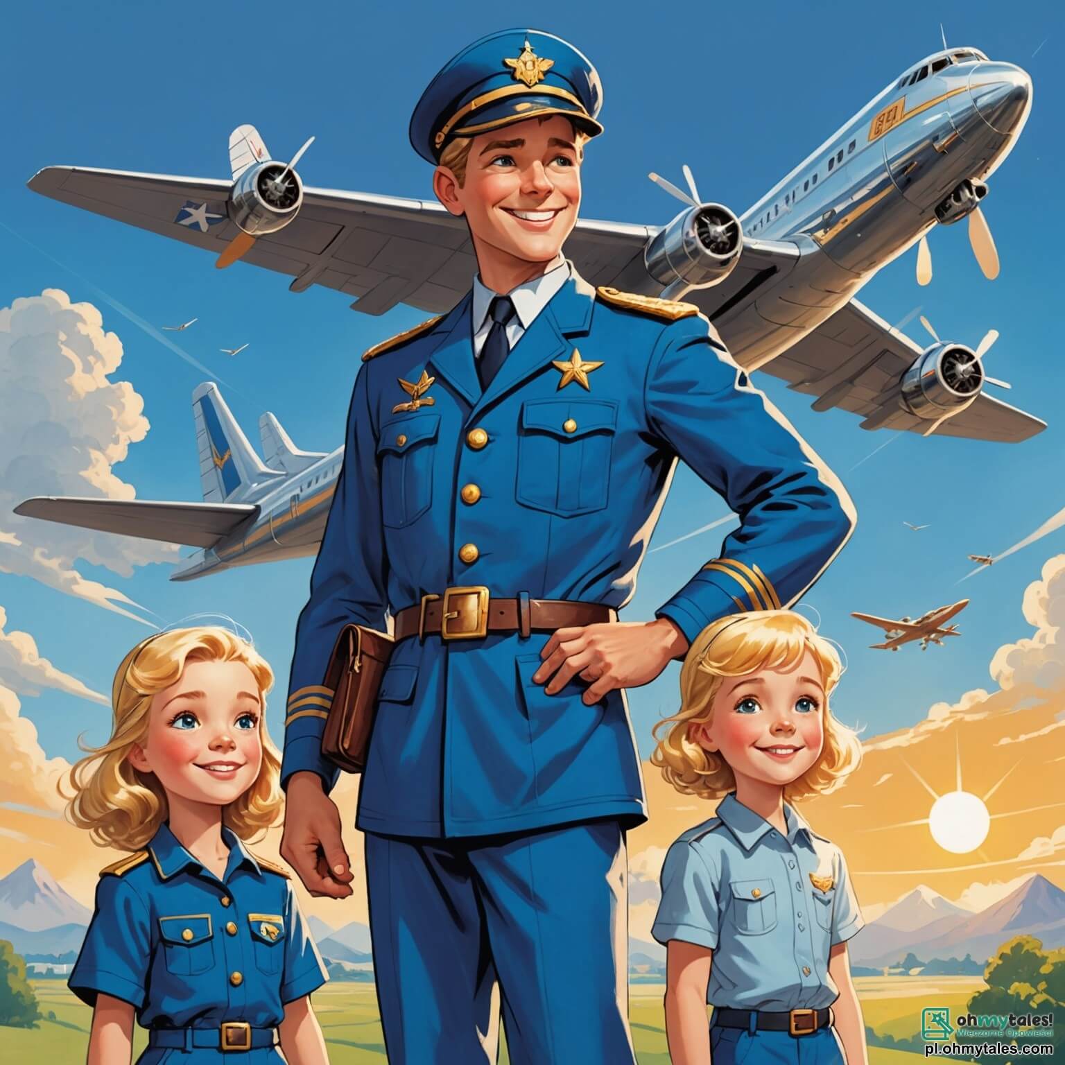 Une illustration destinée aux enfants représentant un homme au sourire chaleureux, vêtu d'un uniforme bleu éclatant avec une casquette ornée d'un insigne doré, se tenant fièrement à côté d'un majestueux avion aux ailes argentées qui scintillent sous le soleil, tandis qu'il explique avec enthousiasme aux deux enfants, une fille aux cheveux blonds et un garçon aux yeux pétillants, la magie de voler dans les cieux, le tout se déroulant sur un aéroport animé, où l'on peut voir des avions décoller et atterrir, des valises qui roulent sur le tarmac, des familles qui s'embrassent et des nuages cotonneux flottant dans un ciel d'azur.