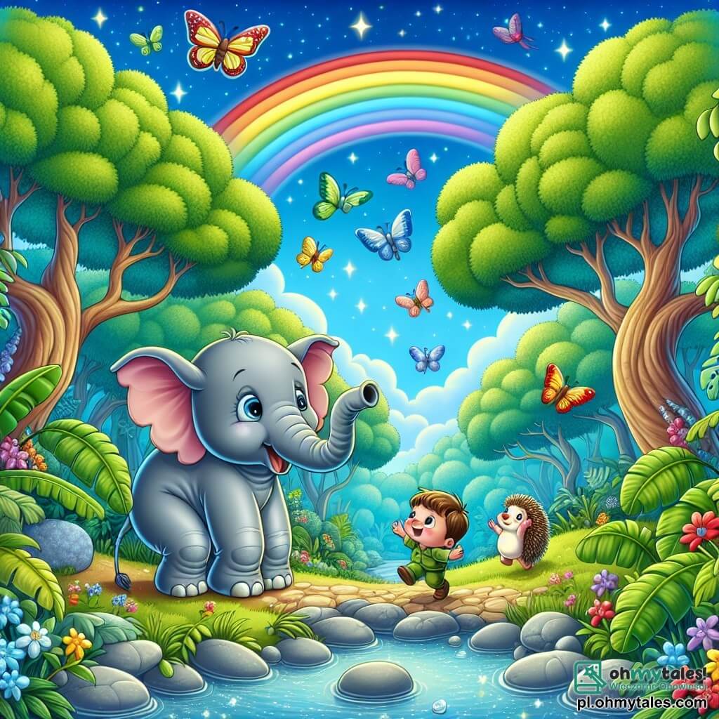 Ilustracja przedstawiająca magiczną scenę w bujnej dżungli, gdzie olbrzymie drzewa z jaskrawozielonymi liśćmi wznoszą się ku niebu, a kolorowe kwiaty tańczą na wietrze. W centrum obrazu mały słoń, chłopiec w wieku około 5 lat, z szarym futrem i dużymi opadającymi uszami, z zachwytem patrzy na wspaniałą tęczę świecącą nad nim. Obok niego mały jeż, chłopiec w wieku około 4 lat, z okrągłym ciałem i złotymi kolcami, radośnie się uśmiecha, skacząc na swoich małych łapkach. Stoją przed błyszczącym strumieniem, gdzie gładkie kamienie tworzą ścieżkę przez wodę. Scena emanuje atmosferą ciekawości i przyjaźni, z kolorowymi ptakami latającymi po niebie i motylami wirującymi wokół nich, symbolizując piękno odkrywania i wspólnej przygody.