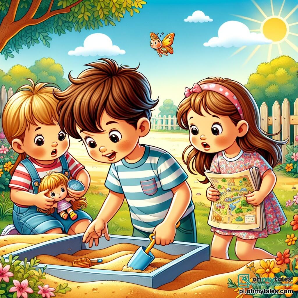 Une illustration sous forme de dessin destinée aux enfants représentant un parc ensoleillé avec des fleurs colorées, où un garçon de 9 ans aux cheveux bruns en bataille, portant un t-shirt rayé et un short, fouille avec détermination dans une pi sandbox, tandis qu'à ses côtés, une fille aux cheveux longs et blonds, vêtue d'une robe à fleurs, regarde avec inquiétude, et une autre fille aux cheveux châtains, habillée d'un t-shirt et d'un jean, tient une carte au trésor, tous cherchant désespérément la poupée disparue de l'une d'elles, illustrant ainsi l'esprit d'aventure et d'enquête de leur quête.