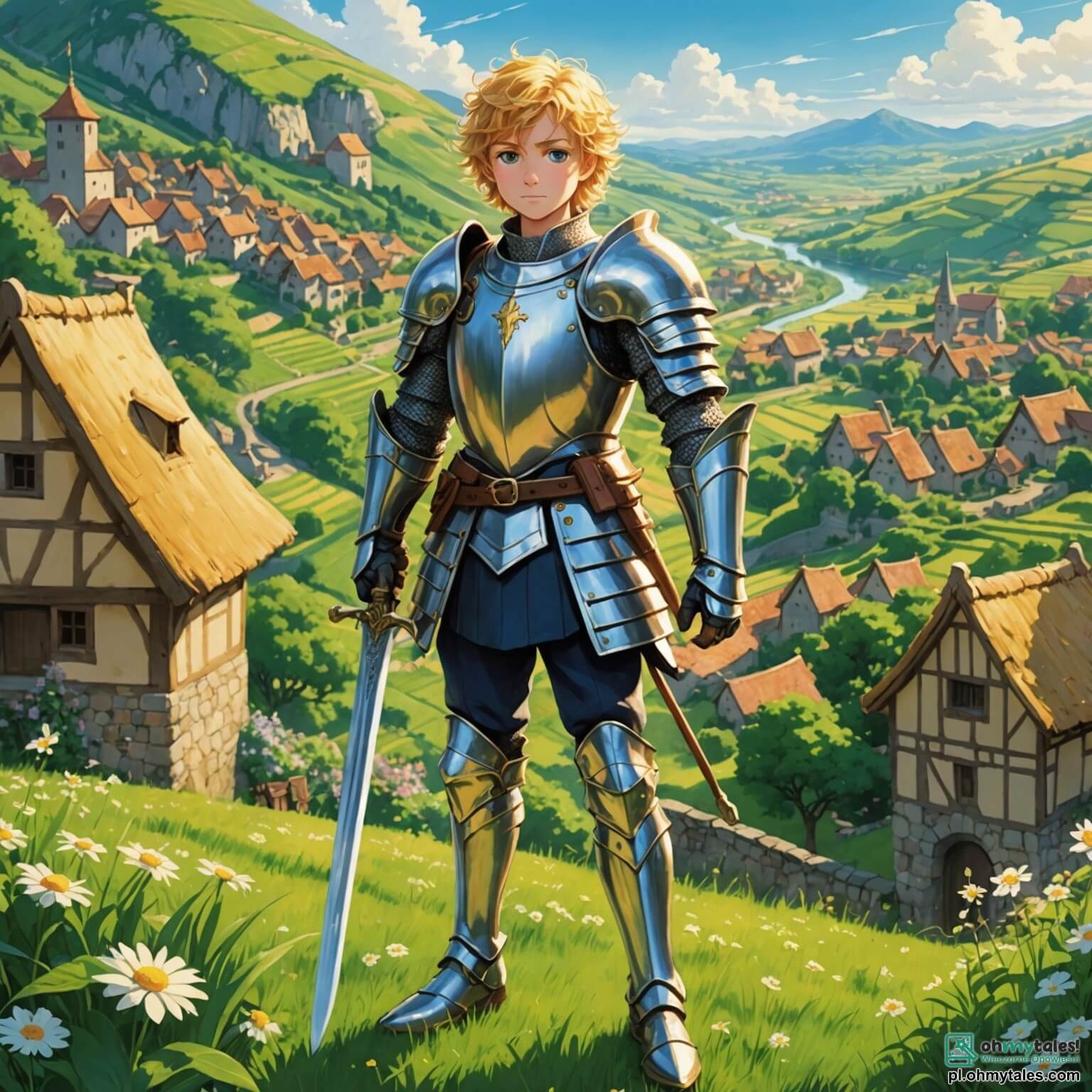 Une illustration destinée aux enfants représentant un valeureux chevalier, un garçon à la chevelure dorée et aux yeux pétillants d'audace, vêtu d'une armure scintillante qui reflète les rayons du soleil, brandissant une épée étincelante, se tenant fermement sur le sommet d'une colline verdoyante, surplombant un village pittoresque aux maisons aux toits de chaume et aux jardins fleuris, où des villageois, dont une courageuse jeune fille aux cheveux bouclés et au sourire éclatant, se rassemblent avec espoir pour écouter les récits de bravoure de leur héros, alors qu'une sombre forêt, pleine de mystères et de créatures fantastiques, se dresse à l'horizon, menaçant d'envahir leur paisible existence.