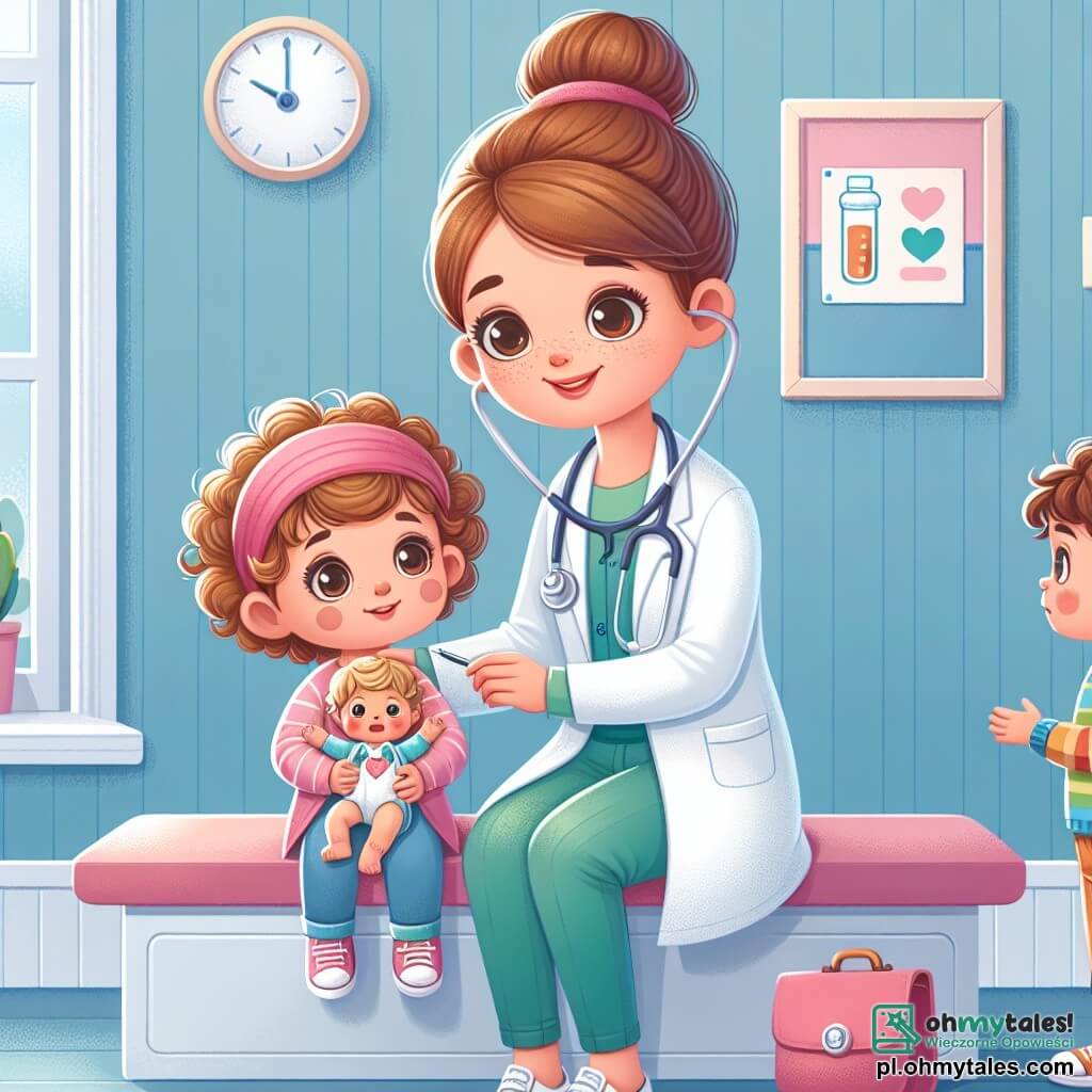 Une illustration sous forme de dessin destinée aux enfants représentant un cabinet médical coloré avec des murs peints en bleu pastel, où une femme médecin aux cheveux châtains attachés en chignon, portant une blouse blanche et un stéthoscope autour du cou, examine attentivement une petite fille aux cheveux bouclés, qui tient une poupée blessée dans ses bras, tandis qu'un garçon aux yeux pétillants et aux vêtements colorés observe avec curiosité, le tout dans une ambiance chaleureuse et accueillante, symbolisant l'importance de la compassion et de l'aide médicale.