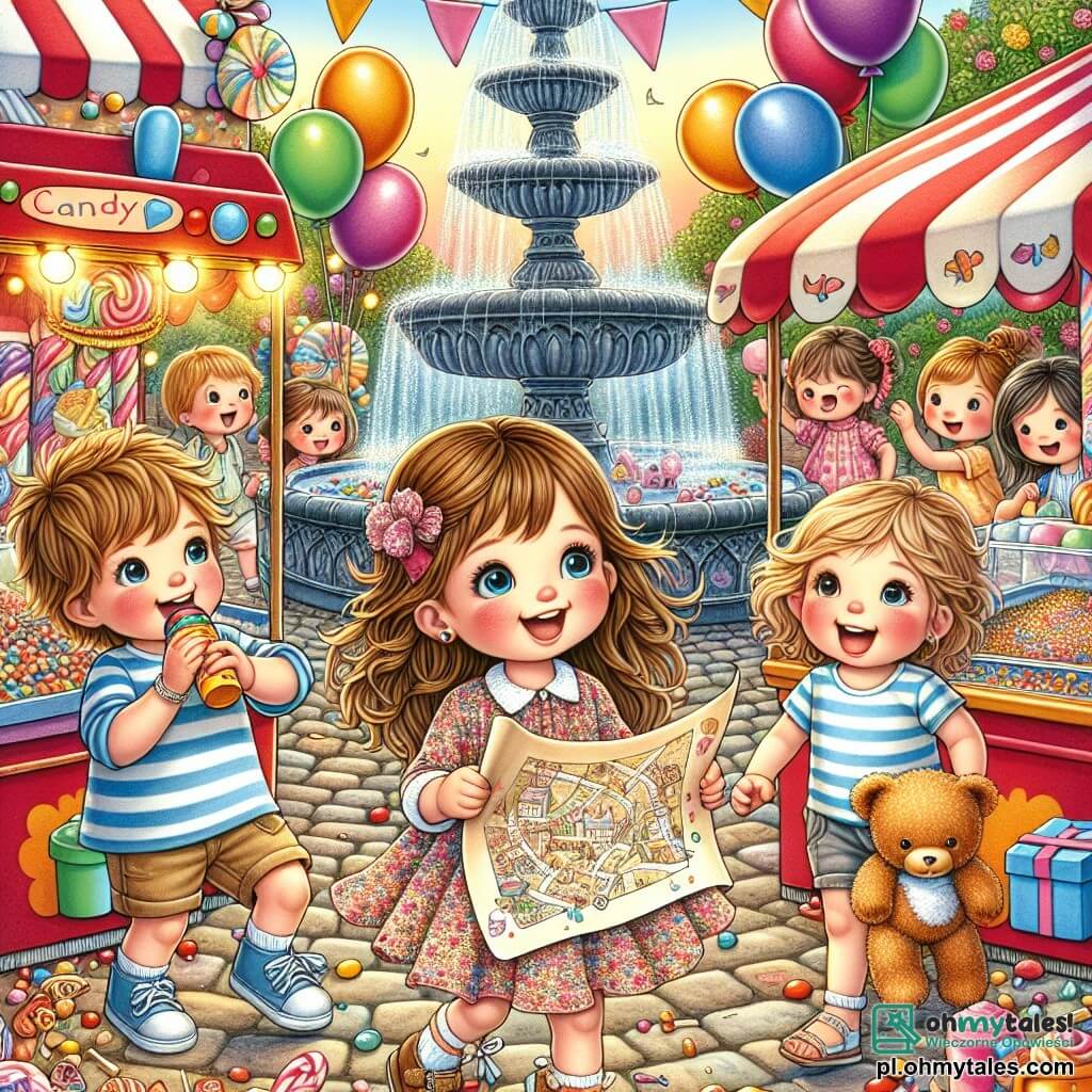 Ilustracja przedstawiająca animowaną scenę kolorowego festynu, z balonami unoszącymi się w powietrzu, stoiskami ze słodyczami i migoczącą fontanną w centrum. Na pierwszym planie mała dziewczynka w wieku 3 lat, z długimi brązowymi włosami i błyszczącymi oczami, nosi sukienkę w kwiaty i trzyma kawałek papieru z narysowaną mapą. Uśmiecha się z entuzjazmem, gotowa rozwiązać nową zagadkę. Obok niej dwóch przyjaciół: chłopiec w wieku 5 lat z rozczochranymi blond włosami, w pasiastym t-shircie i szortach, który z ciekawością przygląda się mapie, oraz mała dziewczynka w wieku 4 lat z kręconymi włosami i pluszowym misiem w ramionach, która skacze z radości. Główna scena pokazuje dzieci w trakcie poszukiwania skarbów, otoczone śmiechem i jaskrawymi kolorami, podczas gdy w powietrzu unosi się delikatna melodia festiwalowa. Wokół nich spadają konfetti, dodając ilustracji świątecznego charakteru.