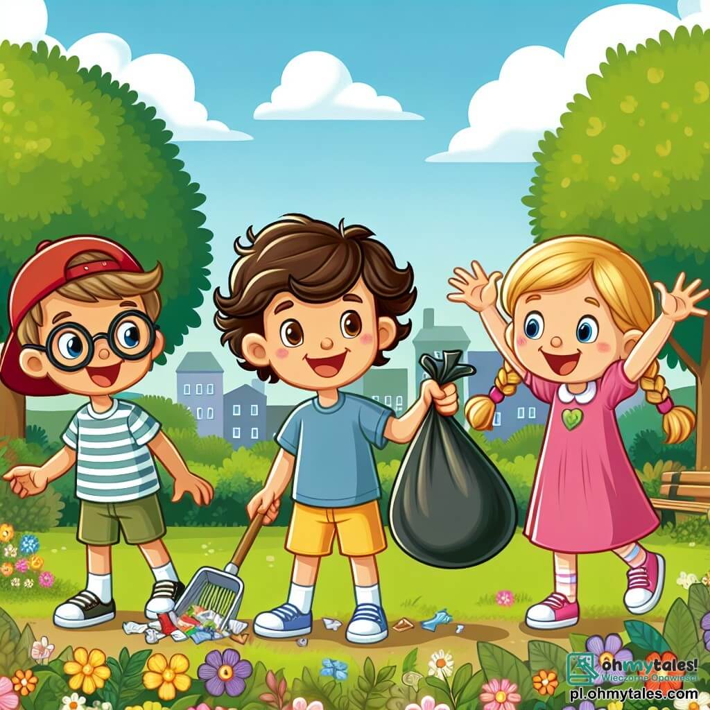 Une illustration sous forme de dessin destinée aux enfants représentant un parc ensoleillé, rempli de fleurs colorées et d'arbres verdoyants, où un garçon de 5 ans aux cheveux bruns et bouclés, portant un t-shirt bleu et un short jaune, est en train de ramasser des déchets avec un grand sourire, tandis qu'une fille aux cheveux blonds tressés, vêtue d'une robe rose, l'aide en tenant un sac poubelle, et un autre garçon aux lunettes rondes et à la casquette rouge les encourage en levant les bras, illustrant ainsi leur mission joyeuse de protéger la planète.