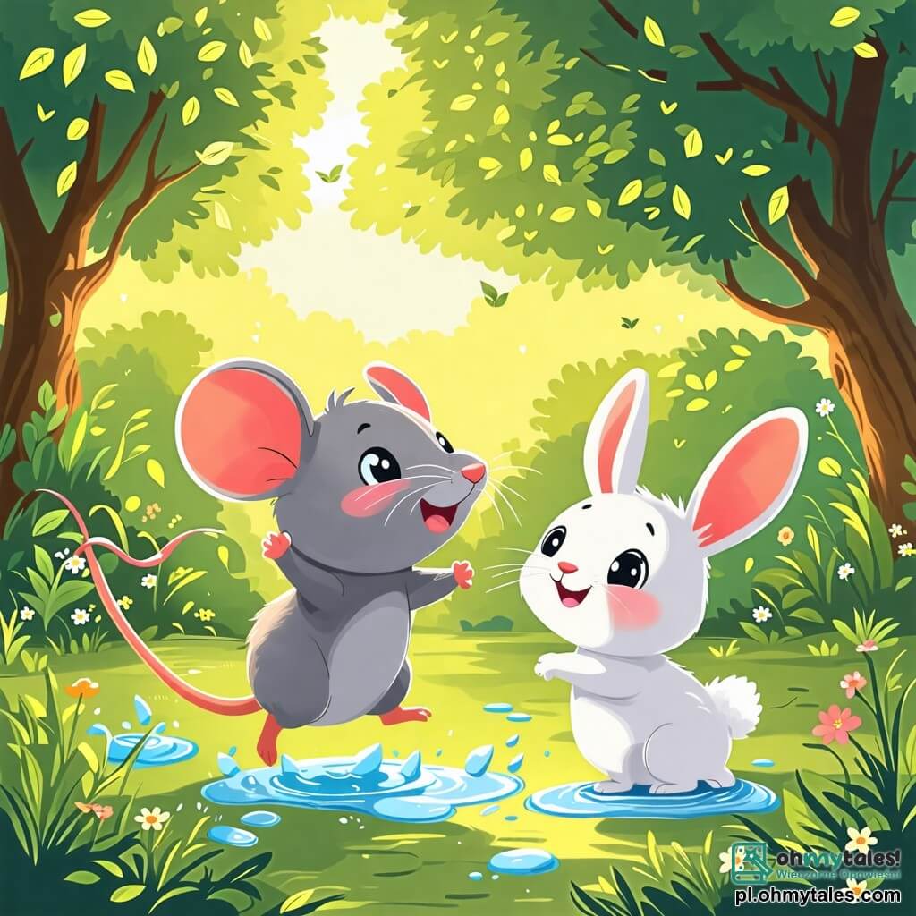 Une illustration sous forme de dessin destinée aux enfants représentant une clairière ensoleillée, entourée d'arbres aux feuilles vertes éclatantes, où un petit rat au pelage gris et aux yeux pétillants saute joyeusement à travers des flaques d'eau, tandis qu'un petit lapin aux grandes oreilles et au pelage blanc, un peu timide, l'observe avec un sourire émerveillé, capturant l'instant où la magie de l'amitié surmonte la peur.