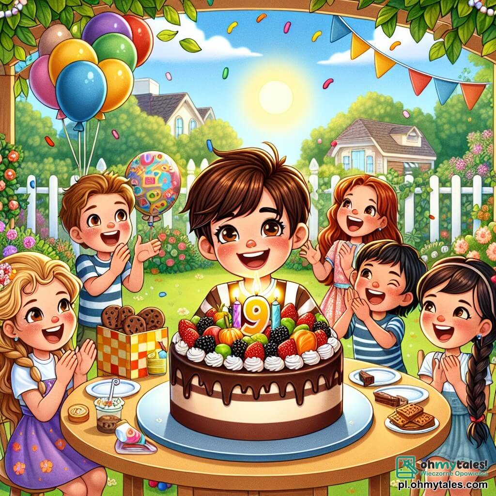 Une illustration sous forme de dessin destinée aux enfants représentant une joyeuse fête d'anniversaire dans un jardin ensoleillé, avec un garçon de 9 ans aux cheveux châtains et aux yeux pétillants, souriant largement alors qu'il souffle sur les bougies d'un grand gâteau au chocolat décoré de fruits colorés, entouré de ses amis : une fille aux cheveux blonds tressés qui applaudit avec enthousiasme, un garçon aux lunettes et aux cheveux bruns qui tient un ballon coloré, et une autre fille aux cheveux roux qui tient une boîte de cookies, tous célébrant ensemble ce moment magique rempli de rires et de bonheur.