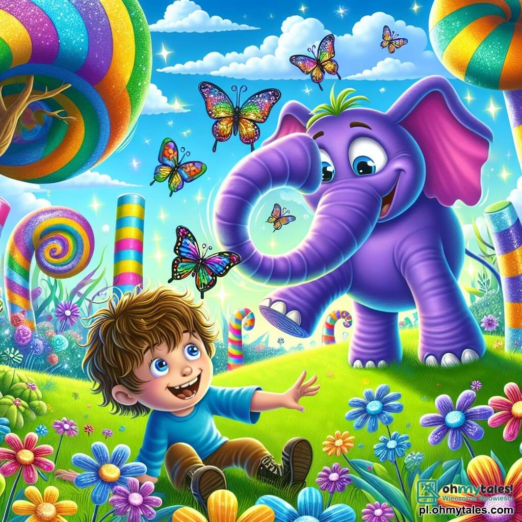 Ilustracja przedstawiająca magiczny i kolorowy ogród, w którym trawa ma jaskrawy niebieski kolor, a kwiaty błyszczą tysiącem kolorów pod zielonym niebem. Na środku, pięcioletni chłopiec z rozwianymi brązowymi włosami i szerokim uśmiechem klęczy w trawie, wyciągając rękę w stronę kolorowej muszki z błyszczącymi skrzydłami, która lata wokół niego. Obok niego stoi duży fioletowy słoń, tańczący na jednej nodze, z okrągłymi i radosnymi oczami, który wydaje się śmiać z sytuacji. Słoń szuka swojego długiego i kolorowego ogona, który jest schowany w trawie. W tle drzewa o paskowanych pniach i chmurki w kształcie cukierków dodają fantazji tej radosnej scenie. Chłopiec i słoń są otoczeni śmiechem i magią, ilustrując przygodę pełną humoru i przyjaźni.