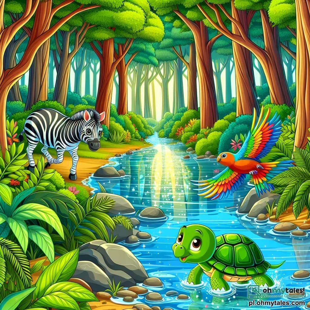 Une illustration sous forme de dessin destinée aux enfants représentant une forêt verdoyante avec de grands arbres aux feuilles luxuriantes, au centre une petite tortue à la carapace verte brillante, curieuse et déterminée, qui s'approche d'un magnifique ruisseau scintillant, tandis qu'un zèbre espiègle aux rayures noires et blanches observe la scène de derrière un buisson, et un oiseau coloré aux plumes éclatantes vole joyeusement au-dessus d'eux, capturant l'instant où la tortue et ses amis découvrent un monde d'aventures et de nouvelles amitiés.