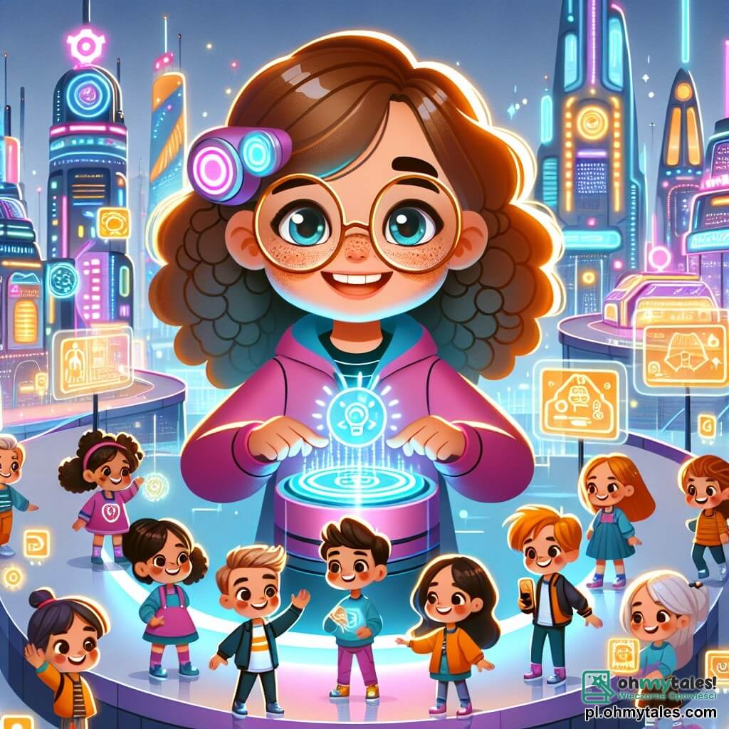 Une illustration sous forme de dessin destinée aux enfants représentant un parc technologique futuriste à Neonopolis, avec des structures colorées et des écrans interactifs scintillants, où une fille de 9 ans aux cheveux bouclés et aux lunettes rondes, souriante et pleine d'énergie, montre à un groupe de garçons et de filles aux vêtements modernes comment utiliser un petit robot lumineux qui les aide à résoudre des problèmes de mathématiques, tandis que des hologrammes de jeux éducatifs flottent autour d'eux, créant une atmosphère joyeuse et inspirante.