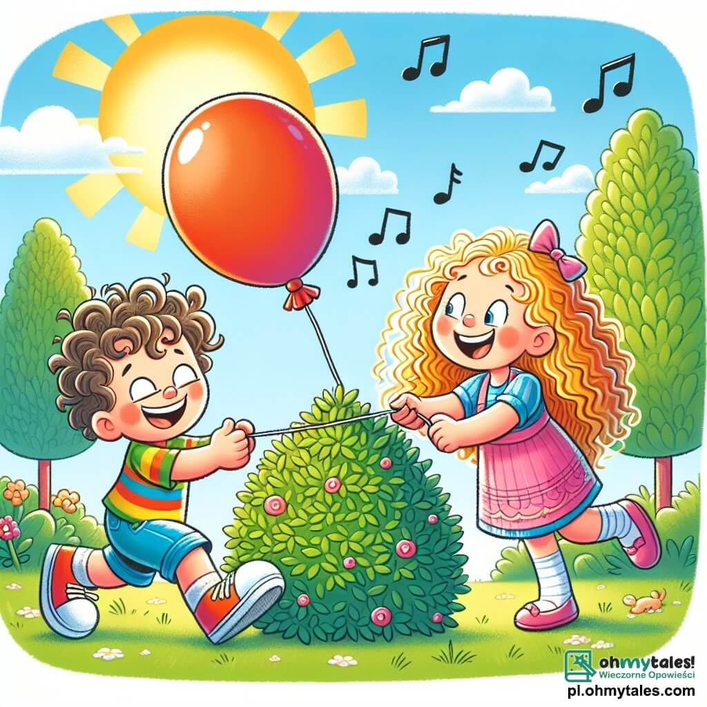 Une illustration sous forme de dessin destinée aux enfants représentant un parc ensoleillé avec des arbres verts et un ciel bleu, où un garçon de 3 ans aux cheveux bouclés et portant une t-shirt coloré et des shorts bleus, rit en tentant de tirer un grand ballon rouge attaché à un petit buisson, tandis qu'une fille énergique aux longs cheveux frisés et portant une robe rose danse autour de lui, et un garçon un peu maladroit avec des lunettes, qui se tient à côté, sourit en essayant de les aider, le tout illustrant un moment joyeux et amusant d'amitié et de complicité.