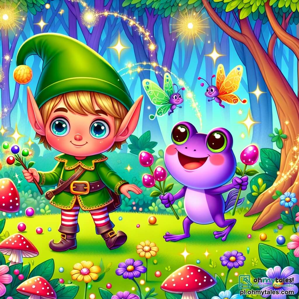Une illustration sous forme de dessin destinée aux enfants représentant une forêt enchantée, avec des arbres aux troncs colorés et des feuilles scintillantes, où un petit elfe garçon aux oreilles pointues et au grand chapeau vert, souriant et joyeux, est en train de cueillir des baies magiques brillantes, tandis qu'une grenouille fille aux yeux pétillants et à la peau violette, sautillant à ses côtés, chante une mélodie entraînante, le tout dans une ambiance de fête et d'amitié, avec des fleurs aux couleurs vives et des papillons virevoltant autour d'eux.