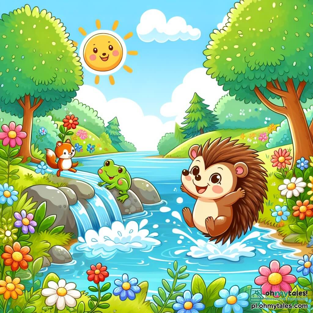 Une illustration sous forme de dessin destinée aux enfants représentant une scène ensoleillée au bord d'une rivière scintillante, où un petit hérisson aux piquants bruns et aux yeux pétillants, en train de rire tout en sautant dans l'eau, est entouré d'une joyeuse écureuil aux poils roux qui grimpe à un arbre et d'une grenouille verte assise sur un rocher, tous trois s'amusant ensemble et célébrant leur amitié dans un cadre naturel rempli de fleurs colorées et de feuillage luxuriant.