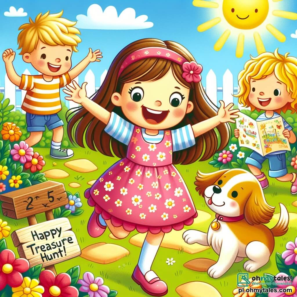 Une illustration sous forme de dessin destinée aux enfants représentant un jardin ensoleillé rempli de fleurs colorées, où une petite fille de 5 ans, avec de longs cheveux bruns et une robe rose à motifs de fleurs, saute de joie en tenant une carte au trésor, tandis qu'à ses côtés, un petit chien aux poils dorés remue la queue, et en arrière-plan, des amis de son âge, un garçon aux cheveux blonds et une fille aux cheveux bouclés, l'encouragent en souriant, alors qu'ils se préparent à partir à la recherche d'un trésor d'anniversaire caché.