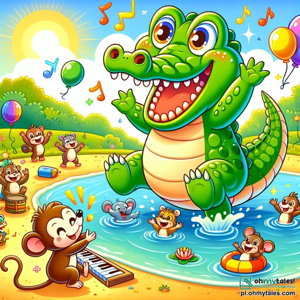 Une illustration sous forme de dessin destinée aux enfants représentant une scène joyeuse au bord d'une rivière ensoleillée, où un crocodile vert vif, avec de grands yeux pétillants et un large sourire, exécute des pirouettes dans l'eau, tandis qu'une małpa espiègle aux poils bruns et une petite souris pianiste aux grandes oreilles l'encouragent en dansant et en jouant de la musique, créant une atmosphère festive et pleine de rires, entourée de balons colorés et d'autres animaux curieux qui applaudissent et s'amusent.