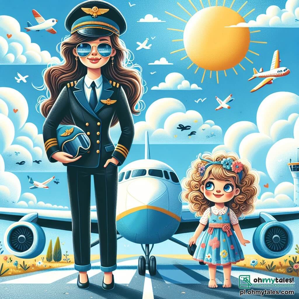 Une illustration sous forme de dessin destinée aux enfants représentant un aéroport ensoleillé avec un grand ciel bleu, où une femme pilote aux cheveux bruns et longs, portant un uniforme de pilote avec des lunettes de soleil, se tient à côté de son majestueux avion bleu, tandis qu'une petite fille aux cheveux blonds et bouclés, vêtue d'une robe colorée, regarde avec émerveillement, les yeux brillants de joie, alors qu'elles se préparent à décoller pour une aventure dans les nuages, entourées de nuages moelleux et d'oiseaux volant joyeusement dans le ciel.