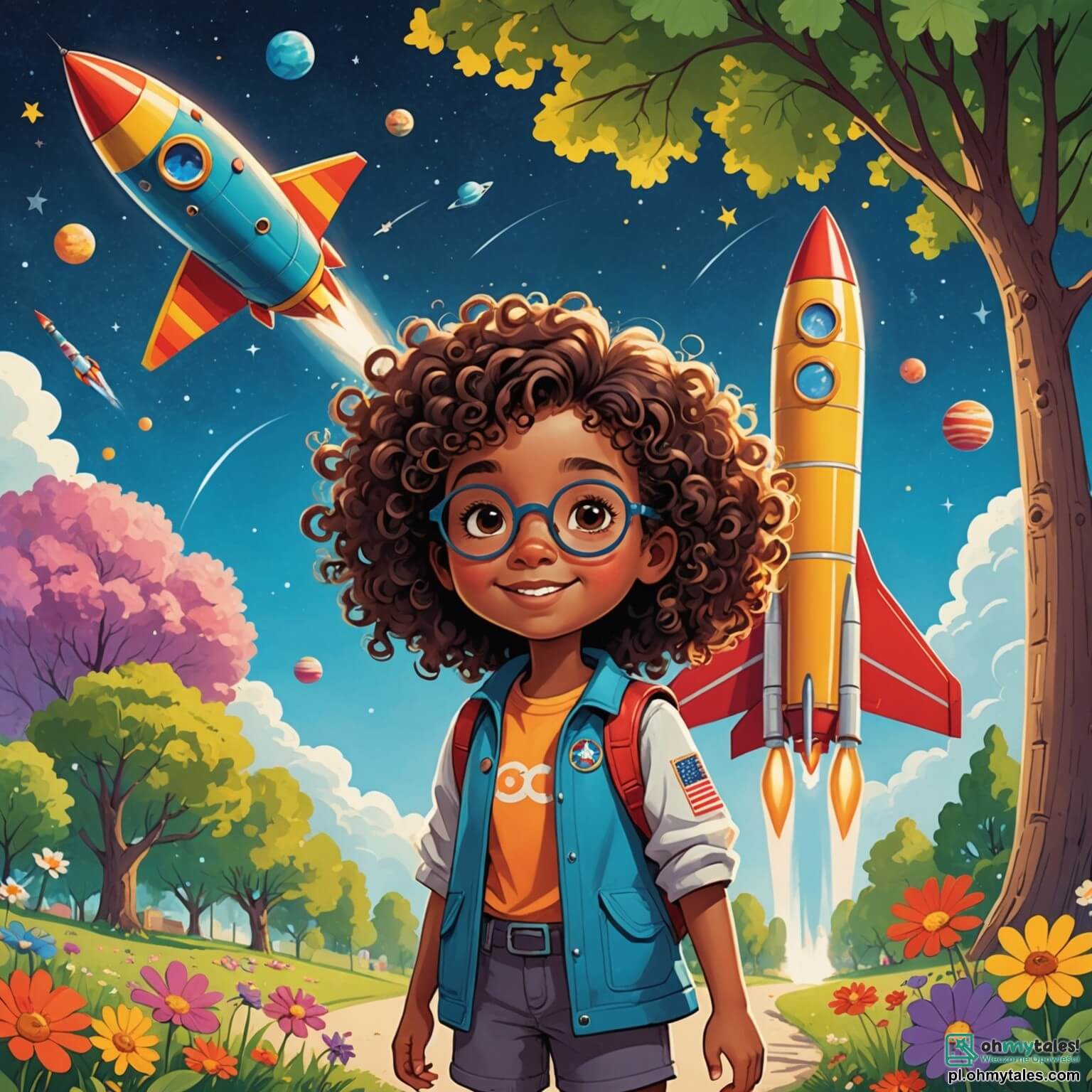 Une illustration destinée aux enfants représentant une petite fille aux cheveux bouclés, pleine de curiosité et de détermination, se tenant fièrement devant une grande fusée colorée, prête à explorer l'espace, tandis qu'à ses côtés, une nouvelle amie, une autre fille timide aux lunettes rondes, l'encourage avec un sourire, le tout se déroulant dans un parc ensoleillé, rempli de fleurs éclatantes et d'arbres majestueux, où les rires des enfants résonnent dans l'air.