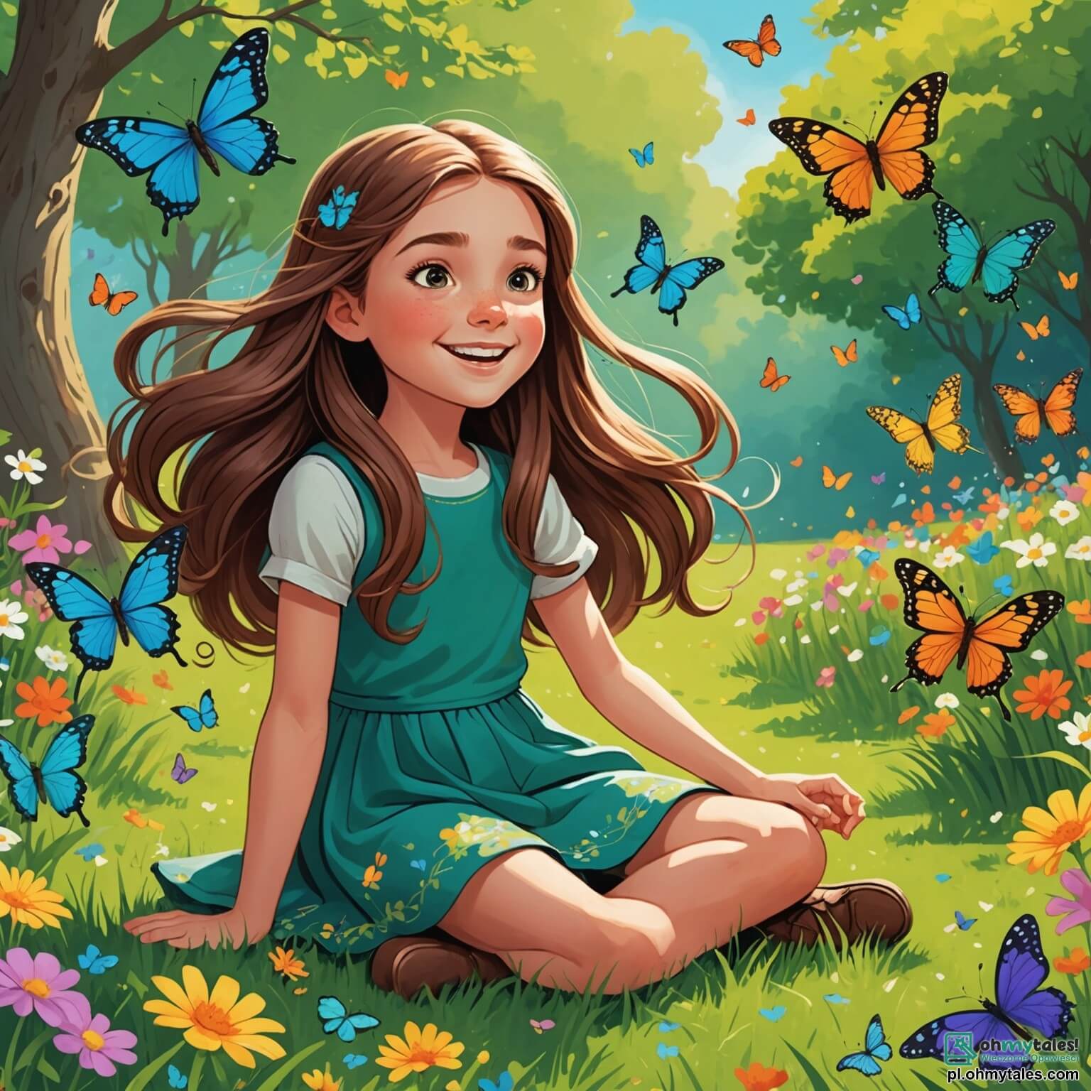 Une illustration destinée aux enfants représentant une fille de 10 ans aux longs cheveux bruns flottants comme des vagues de chocolat au vent, assise sur une pelouse verdoyante parsemée de fleurs colorées, entourée de papillons dansants, qui, avec un sourire éclatant, découvre une nouvelle amie aux cheveux blonds courts, timide mais pétillante, alors qu'elles explorent ensemble une polana ensoleillée, bordée de grands arbres aux feuilles dorées, où les rayons du soleil filtrent à travers les branches, créant un tableau magique d'amitié et de découvertes.