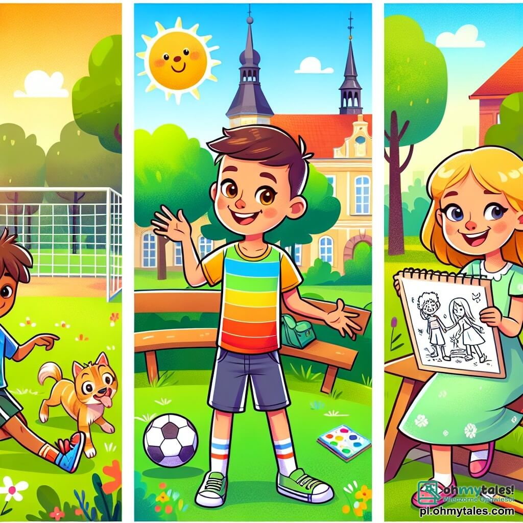 Une illustration sous forme de dessin destinée aux enfants représentant un parc ensoleillé à Zielone Wzgórza, avec un garçon de 11 ans aux cheveux bruns et aux yeux pétillants, vêtu d'un t-shirt coloré et de shorts, qui sourit tout en jouant au football avec un groupe d'amis ; parmi eux, une fille aux cheveux blonds et aux yeux bleus, dans une robe légère, qui danse joyeusement, et un garçon aux cheveux noirs et à la peau mate, qui tient un carnet de croquis et admire les dessins qu'il a réalisés, illustrant ainsi l'importance de l'amitié et de la tolérance dans un moment de partage et de joie.