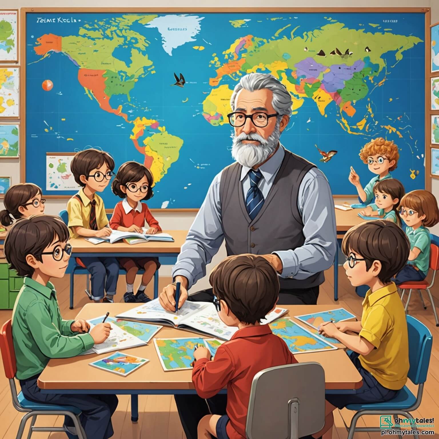 Une illustration destinée aux enfants représentant un instituteur à la barbe grisonnante et aux lunettes rondes, vêtu d'une chemise colorée qui illumine la salle de classe, où il enseigne avec passion à un groupe d'élèves curieux, dont une petite fille aux cheveux bouclés et un garçon aux lunettes, tous assis sur des chaises en bois aux couleurs vives, entourés de murs ornés de dessins d'animaux et de cartes du monde, tandis qu'à l'extérieur, le soleil brille sur le jardin fleuri de l'école, où les oiseaux chantent et les arbres dansent doucement sous la brise, créant une atmosphère chaleureuse et accueillante pour l'apprentissage.