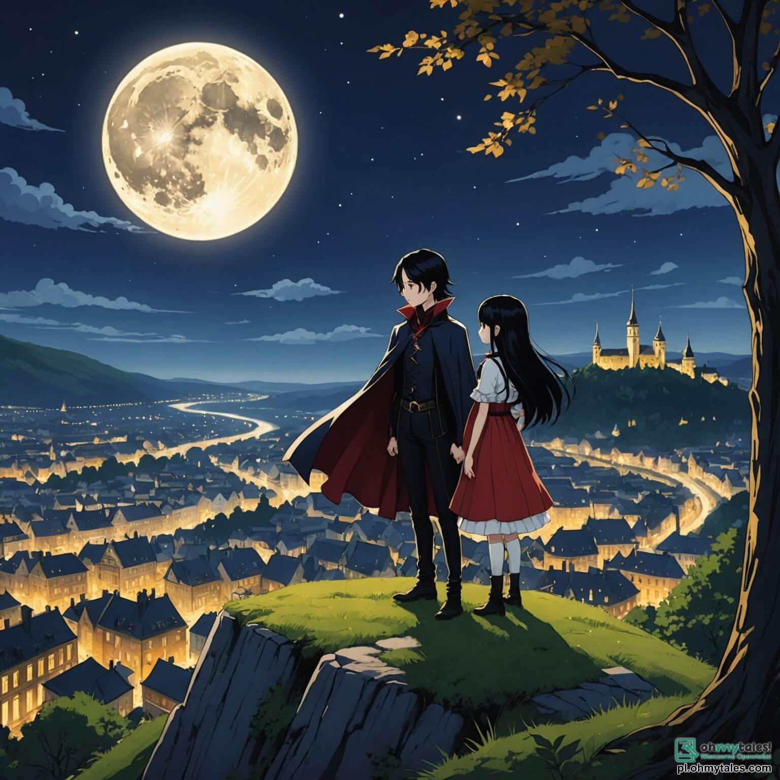 Une illustration destinée aux enfants représentant un vampire mystérieux, une jeune fille à la peau pâle comme la lune et aux longs cheveux noirs flottant comme des ombres, se tenant au sommet d'une colline surplombant un Złote Miasto scintillant, où les bâtiments dorés étincellent sous le clair de lune, entourés de forêts enchantées où les arbres dansent doucement au gré du vent, tandis qu'à ses côtés se tient un courageux garçon aux yeux pétillants de curiosité, vêtu d'une tunique colorée, prêt à l'accompagner dans une quête palpitante pour briser une ancienne malédiction qui pèse sur leur royaume, tout en affrontant des créatures fantastiques et des mystères cachés dans les recoins sombres de cette terre magique.