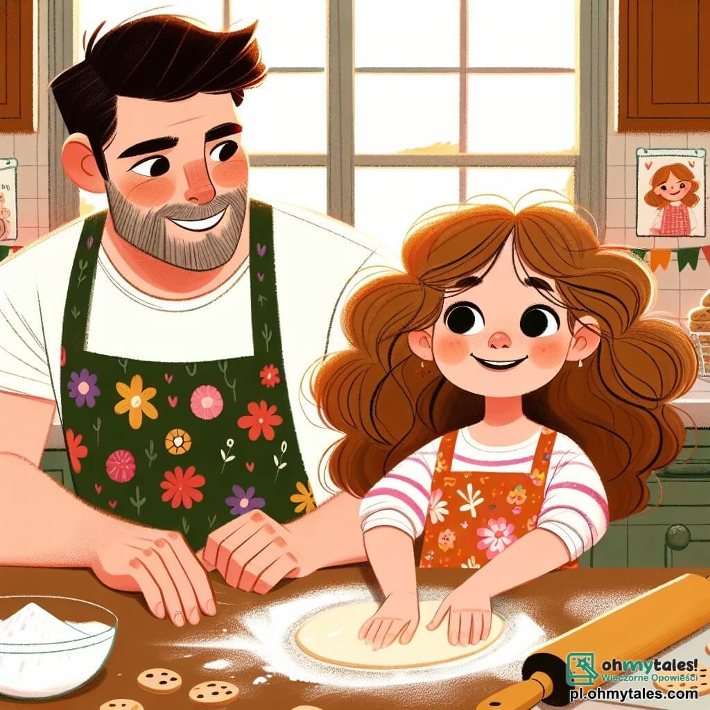 Une illustration sous forme de dessin destinée aux enfants représentant une cuisine chaleureuse et colorée, où une petite fille de 5 ans aux cheveux bruns et bouclés, portant un tablier à fleurs, est en train de préparer des biscuits avec un grand sourire sur son visage, tandis qu'un homme au regard bienveillant et à la barbe douce, vêtu d'un t-shirt décontracté, observe avec fierté et amusement, le tout entouré de farine éparpillée et de décorations festives pour la fête des pères.