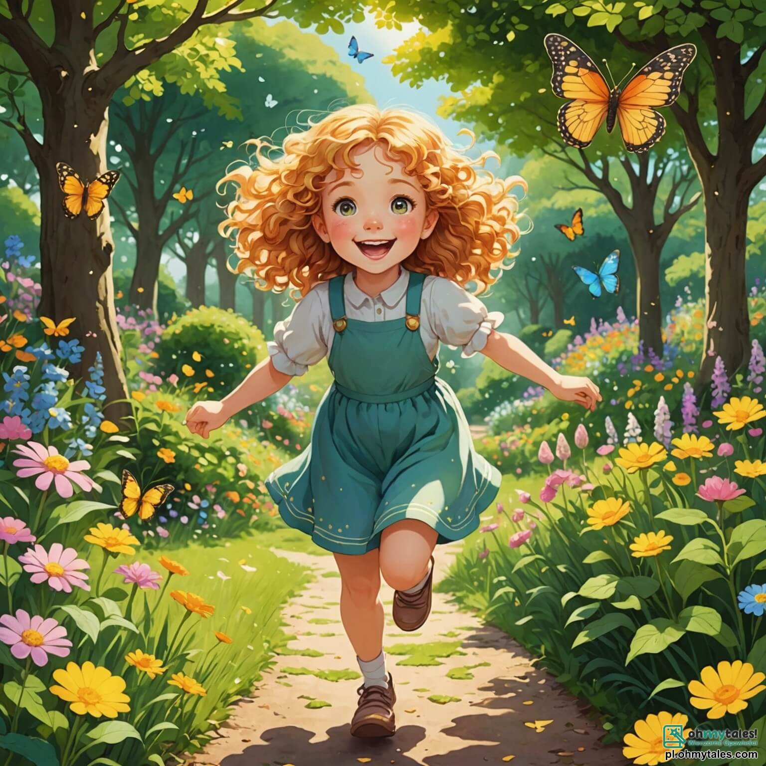 Une illustration destinée aux enfants représentant une petite fille aux cheveux dorés et bouclés, avec un sourire éclatant qui illumine son visage joyeux, courant à travers un jardin enchanteur paré de fleurs multicolores, où des papillons dansent dans l'air doux et parfumé, tandis qu'elle cherche des œufs de Pâques cachés derrière des buissons verdoyants et sous des arbres majestueux, accompagnée de son fidèle ami, un petit garçon aux yeux pétillants et à la casquette rouge, qui l'encourage avec enthousiasme, le tout se déroulant sous un ciel bleu azur parsemé de nuages cotonneux, créant une ambiance magique et festive pour célébrer la joie de cette journée spéciale.