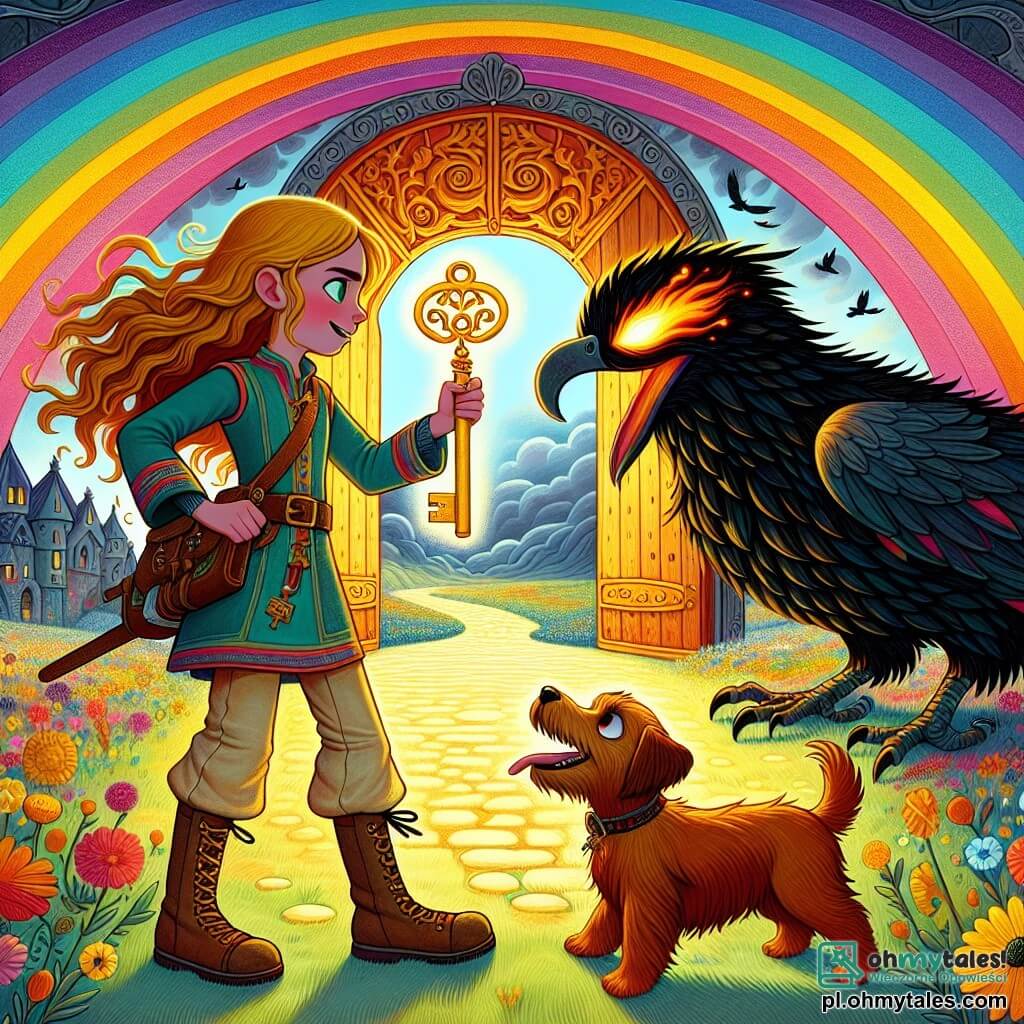 Une illustration sous forme de dessin destinée aux enfants représentant une vaste et colorée Tęczowa Polana, où une jeune fille aux longs cheveux dorés, vêtue d'une tunique colorée et d'un pantalon en toile, se tient courageusement devant une grande porte ornée d'un symbole de clé, tenant un brillant Złoty Klucz dans sa main, tandis qu'à ses côtés, un petit chien brązowy, un terrier espiègle, aboie joyeusement pour la soutenir, alors qu'un grand oiseau noir aux yeux flamboyants, représentant le méchant Grom, s'approche menaçant, créant une atmosphère de tension et d'aventure.