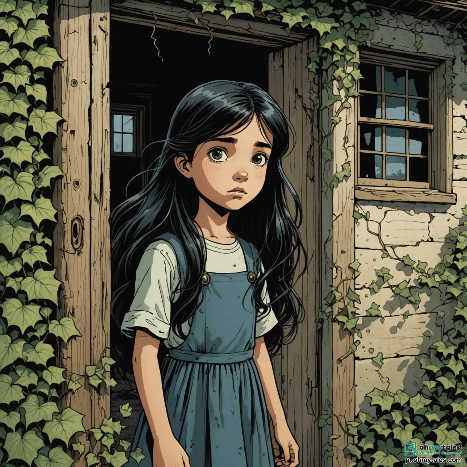 Une illustration destinée aux enfants représentant une jeune fille aux longs cheveux noirs ébouriffés, dont les yeux brillent d'une lueur d'inquiétude, se tenant au seuil d'une vieille maison abandonnée, dont les murs décrépits sont recouverts de lierre rampant, les fenêtres brisées laissent entrevoir des ombres dansantes, tandis qu'un vent glacial fait grincer la porte en bois vermoulu, alors qu'elle s'apprête à explorer ce lieu hanté par des murmures mystérieux et des légendes de fantômes, accompagnée de son fidèle ami, un garçon courageux mais inquiet, qui tremble légèrement à ses côtés, tous deux attirés par la promesse d'une aventure effrayante mais fascinante, au cœur de cette nuit étoilée où la lune éclaire faiblement le chemin tortueux menant à l'inconnu.