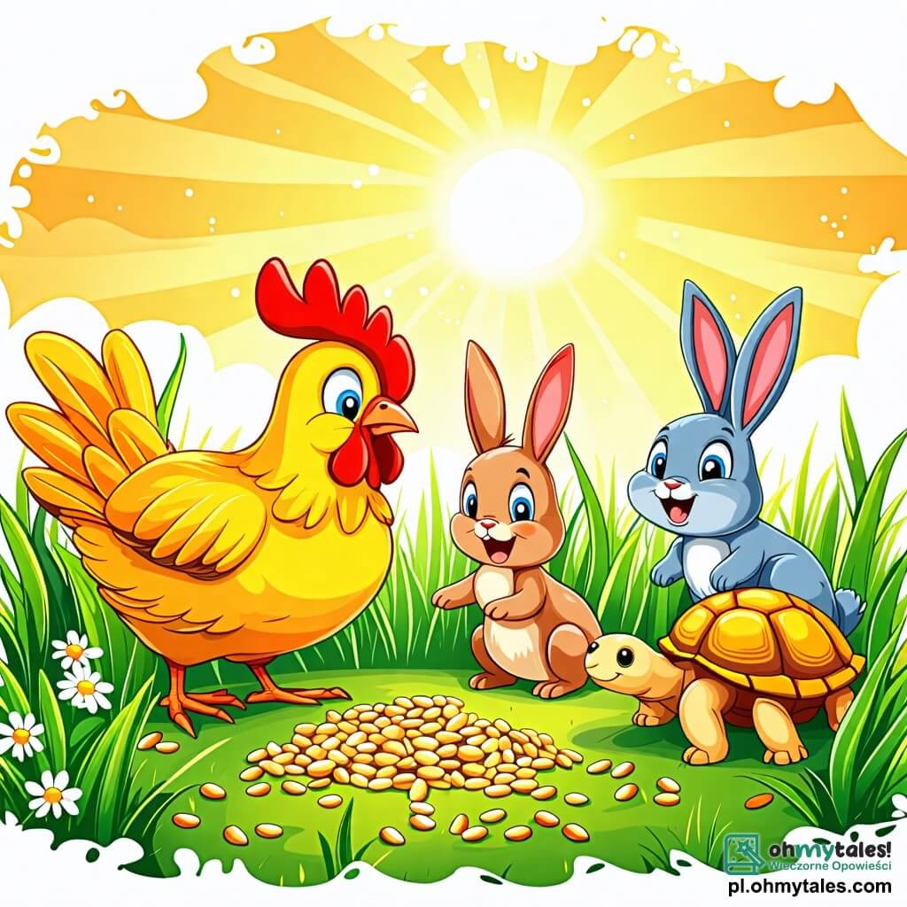Une illustration sous forme de dessin destinée aux enfants représentant un champ verdoyant baigné par le soleil, où une poule aux plumes dorées et au regard pétillant est en train de picorer des grains de maïs, entourée d'un joyeux lapin aux grandes oreilles et d'un lent mais sage tortue avec une carapace colorée, tous trois riant et partageant un moment de bonheur en découvrant une multitude de graines éparpillées dans l'herbe.