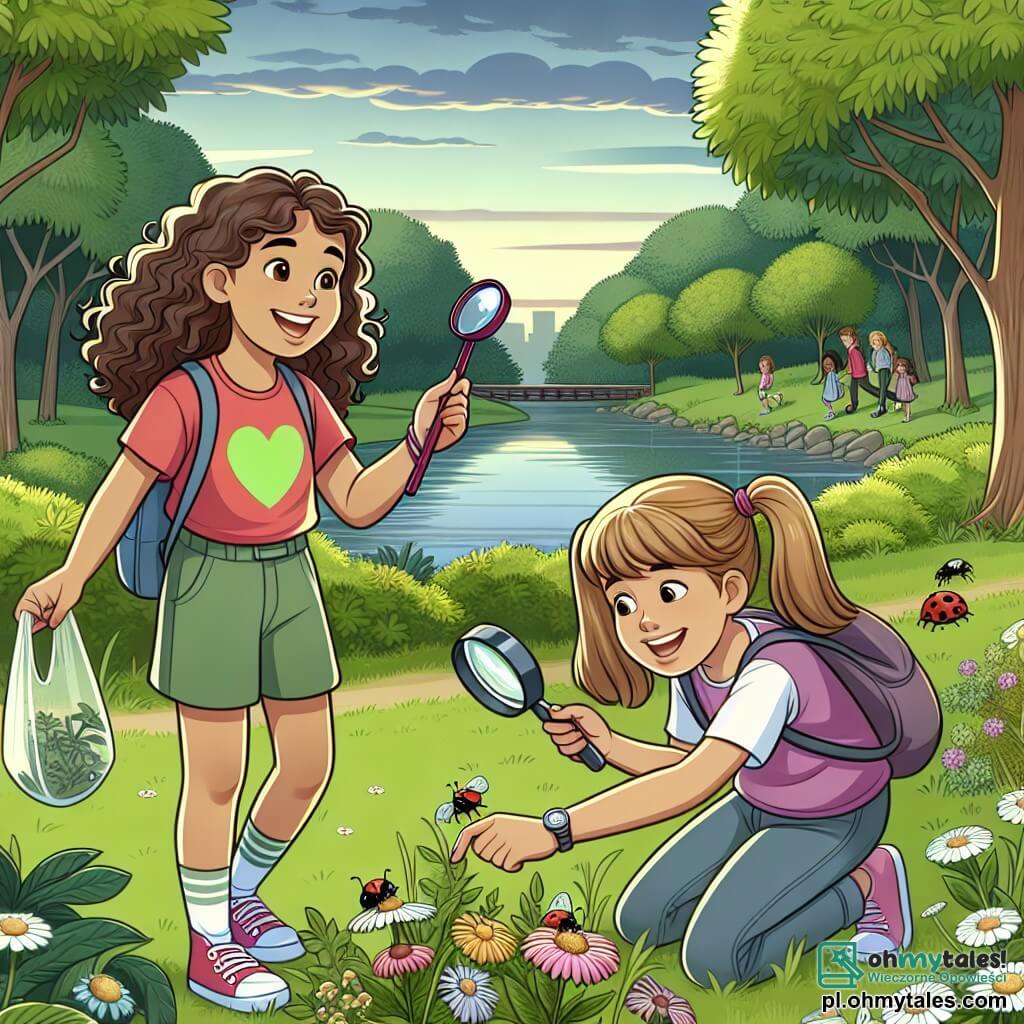 Une illustration sous forme de dessin destinée aux enfants représentant une clairière verdoyante dans un magnifique parc, où une fille de 11 ans aux cheveux bouclés et au sourire éclatant, vêtue d'un t-shirt coloré et de pantalons courts, ramasse des déchets avec enthousiasme, tandis qu'à ses côtés, une autre fille de 11 ans, aux cheveux lisses et attachés en queue de cheval, observe avec une loupe des insectes sur des fleurs, le tout illustrant leur engagement joyeux pour la protection de l'environnement et la beauté de la nature.