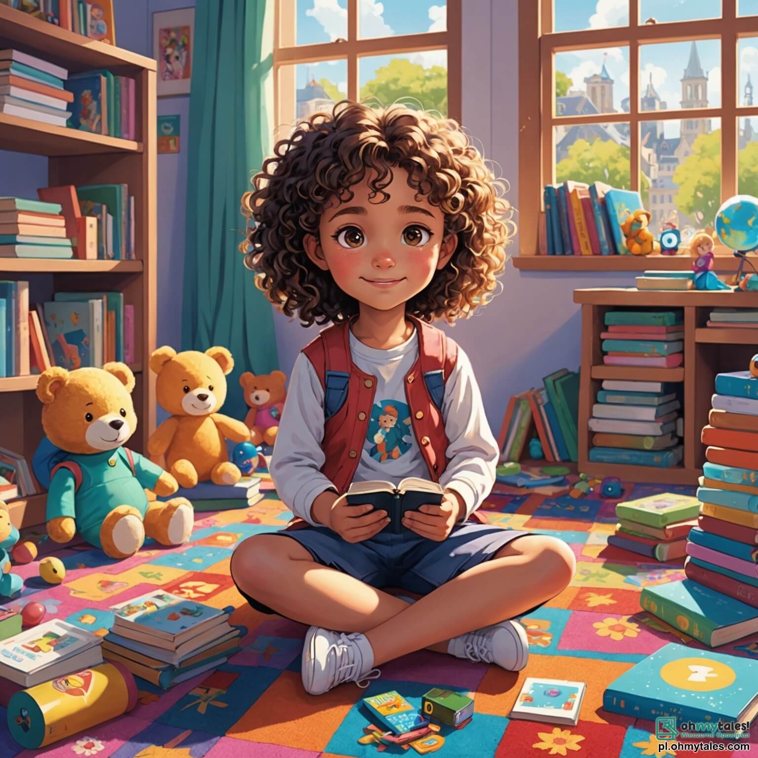 Une illustration destinée aux enfants représentant une petite fille aux cheveux bouclés et aux yeux pétillants, assise en tailleur sur un tapis coloré dans sa chambre pleine de jouets éparpillés, de livres aux couvertures brillantes et de posters de ses héros préférés, plongée dans un monde virtuel fascinant sur son grand écran lumineux, tandis que sa maman, une femme douce au sourire chaleureux, l'observe avec une légère inquiétude depuis la porte, se demandant si sa fille ne passe pas trop de temps devant les écrans au lieu de profiter des merveilles du monde extérieur, où les rayons du soleil filtrent à travers les rideaux et où le chant des oiseaux se mêle aux rires des enfants jouant dans le parc voisin.