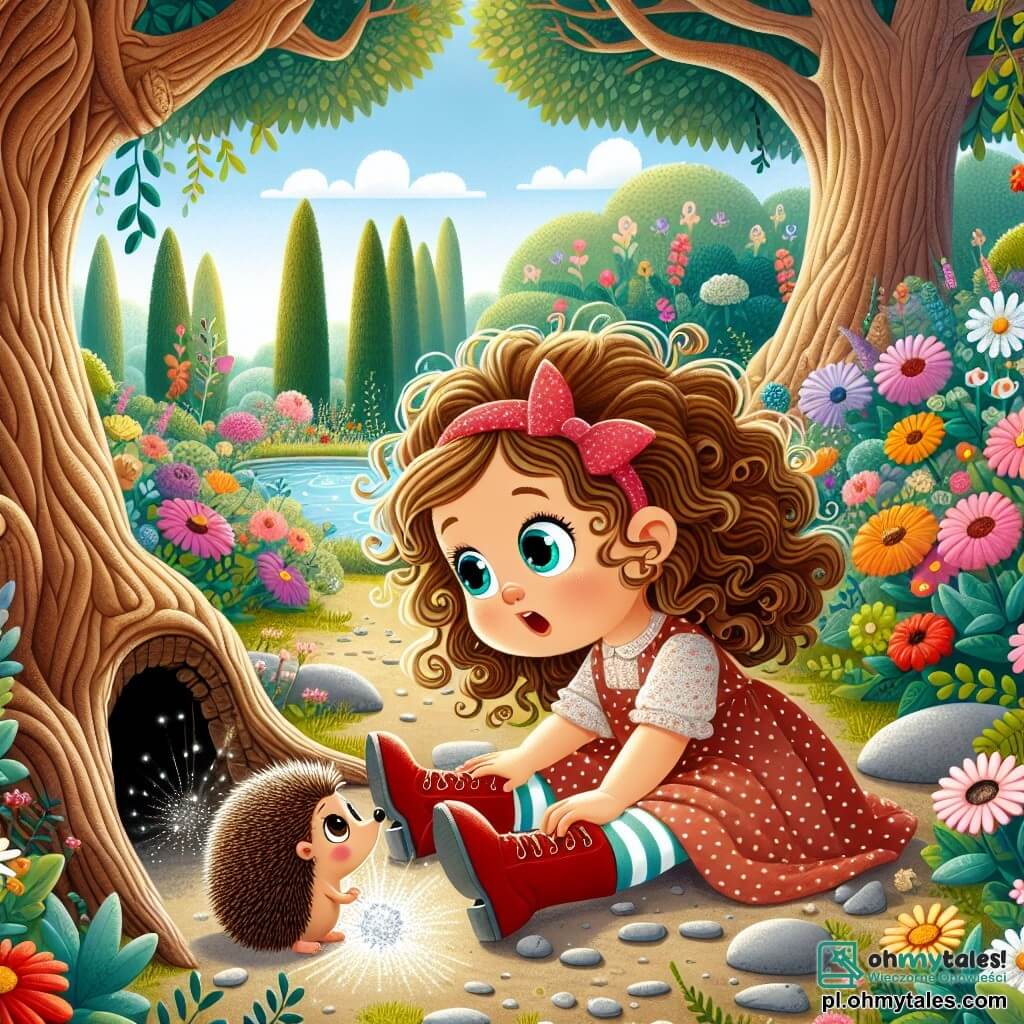 Une illustration sous forme de dessin destinée aux enfants représentant un jardin magique rempli de fleurs colorées et de grands arbres, où une petite fille de 3 ans aux cheveux bouclés et aux yeux pétillants, portant une robe à pois et des bottes rouges, explore avec émerveillement un vieux tronc d'arbre, tandis qu'à ses côtés, un petit hérisson aux piquants doux et aux yeux curieux l'observe attentivement, alors qu'ils découvrent ensemble un scintillant caillou brillant au soleil, symbole de leur aventure à la recherche d'un trésor caché.