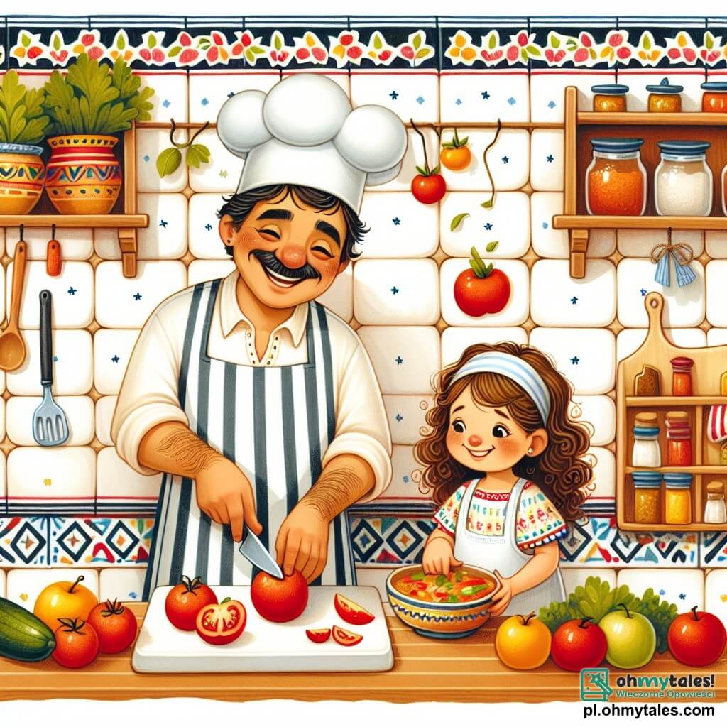 Une illustration sous forme de dessin destinée aux enfants représentant une cuisine chaleureuse et colorée, avec des murs en carrelage blanc et des étagères remplies d'épices et de légumes frais ; un homme joyeux, portant une toque de chef et un tablier rayé, souriant tout en coupant des tomates juteuses sur une planche à découper, entouré d'une petite fille aux cheveux bruns et bouclés, qui l'aide en tenant un bol de pommes et en regardant avec émerveillement, alors qu'ils préparent ensemble une délicieuse soupe pour le repas du village, avec des arômes alléchants flottant dans l'air.