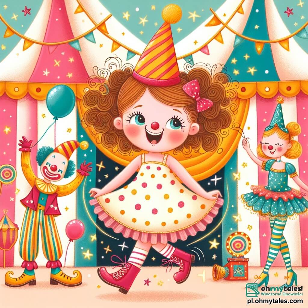Une illustration sous forme de dessin destinée aux enfants représentant un cirque coloré avec des tentes rayées et des lumières scintillantes, au centre une petite fille de 4 ans aux cheveux bouclés et aux yeux pétillants, portant une robe à pois et un grand chapeau de clown, qui rit joyeusement en tenant un balon, entourée d'un clown joyeux avec un nez rouge et des chaussures surdimensionnées, et d'une acrobate gracieuse en costume scintillant, alors qu'ils s'apprêtent à réaliser une performance amusante, remplie de magie et de rires.