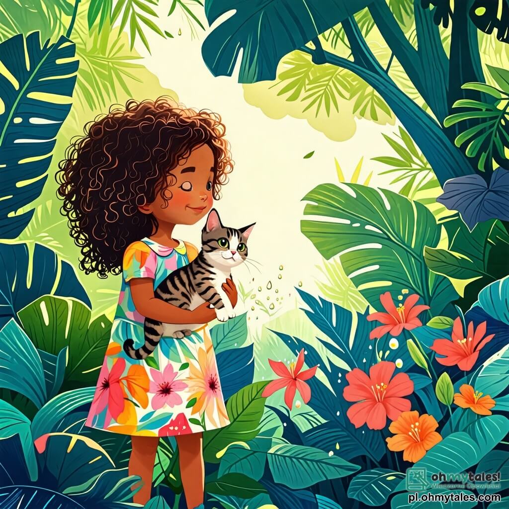 Une illustration sous forme de dessin destinée aux enfants représentant une jungle luxuriante avec des arbres géants et des feuilles vertes éclatantes, au centre, une petite fille de 2 ans aux cheveux bouclés et aux yeux pétillants, portant une robe colorée, tenant un petit chat tigré dans ses bras, tous deux regardant avec émerveillement une magnifique plante aux fleurs éclatantes qui vient d'apparaître après une tempête, tandis que des gouttes de pluie scintillent sur les feuilles environnantes, capturant l'esprit d'aventure et de découverte.