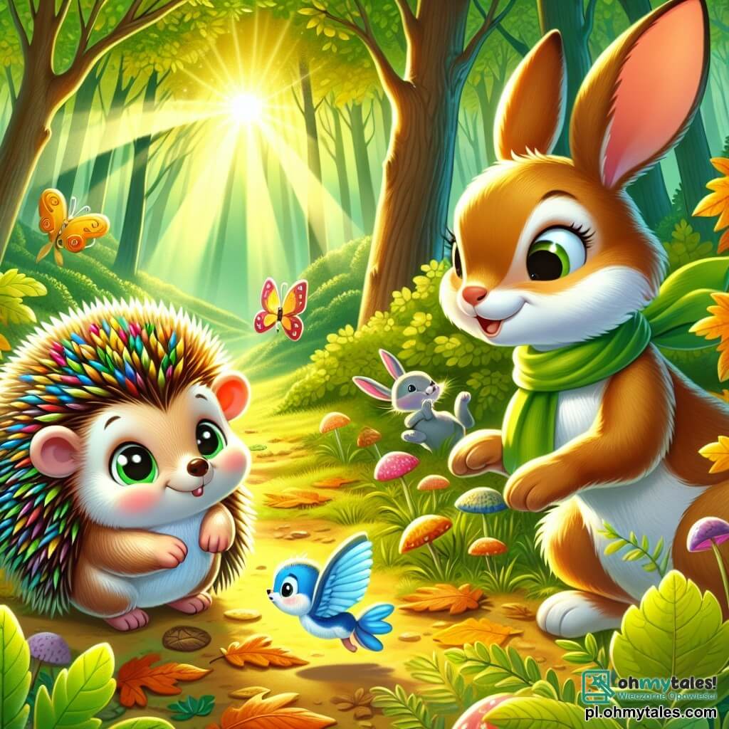 Une illustration sous forme de dessin destinée aux enfants représentant une forêt verdoyante baignée par la lumière dorée du soleil, où un petit hérisson aux piquants brillants et aux yeux pétillants d'excitation explore le sol recouvert de feuilles, tandis qu'à ses côtés, un joyeux lapin aux grandes oreilles et une espiègle écureuil aux poils soyeux l'encouragent à découvrir les merveilles de la nature, capturant l'instant où ils s'apprêtent à s'aventurer ensemble vers une mystérieuse vallée pleine de couleurs et de promesses d'aventures.