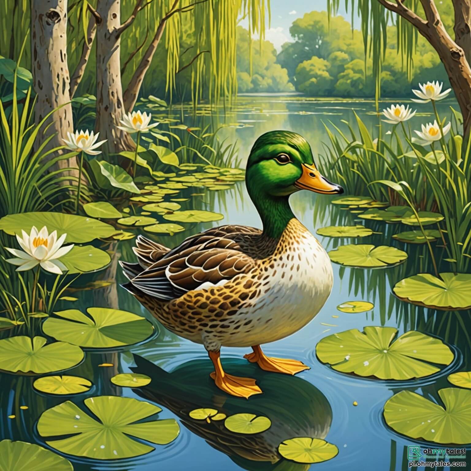 Une illustration destinée aux enfants représentant un canard au plumage doré et brillant, aux yeux pétillants de curiosité, se tenant fièrement sur les rives d'un paisible étang entouré de nénuphars délicats et de saules pleureurs dont les branches effleurent doucement la surface de l'eau, tandis qu'il se prépare à embarquer dans une aventure palpitante à la recherche d'un trésor caché, accompagné de ses fidèles amis, une joyeuse grenouille aux taches vertes et un rusé lapin aux grandes oreilles, tous animés par l'excitation de découvrir les mystères que recèle la forêt verdoyante qui les entoure, où les rayons du soleil filtrent à travers le feuillage dense, créant des jeux d'ombres et de lumières enchanteurs.