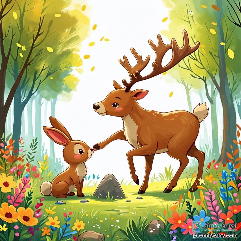 Une illustration sous forme de dessin destinée aux enfants représentant une clairière verdoyante dans une forêt ensoleillée, où un renne majestueux avec des bois brillants et un pelage doux s'approche d'un petit lapin aux grandes oreilles et au pelage brun, qui vient de trébucher sur un caillou, tandis que le renne, avec un regard amical et encourageant, tend sa patte pour aider son ami à se relever, entourés de fleurs colorées et d'arbres aux feuilles éclatantes.