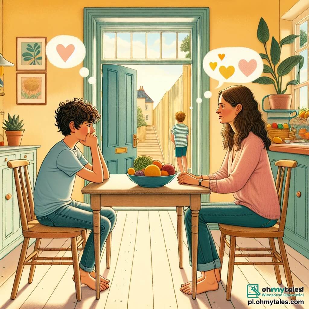 Ilustracja przedstawiająca scenę w przytulnej i jasnej kuchni, z pastelowo żółtymi ścianami i oknami wpuszczającymi światło słoneczne. Na drewnianym stole kolorowe talerze i świeże owoce dodają żywotności przestrzeni. Dziesięcioletni chłopiec o brązowych, kręconych włosach, w niebieskiej koszulce i szortach, siedzi na krześle, wyglądając na zamyślonego i smutnego, z rękami opartymi na stole. Obok niego kobieta w wieku około trzydziestu lat, z długimi, brązowymi włosami, w różowym swetrze, patrzy na niego z delikatnym i zatroskanym wyrazem twarzy, gotowa z nim porozmawiać. Główna sytuacja pokazuje chłopca i kobietę w trakcie rozmowy, w której chłopiec wyraża swoje emocje związane z rozstaniem rodziców. Dymki z dialogami mogłyby ilustrować ich myśli, z sercami i łzami symbolizującymi uczucia smutku i miłości. W tle otwarte drzwi ukazują korytarz, symbolizując zmianę i przejście w ich życiu.