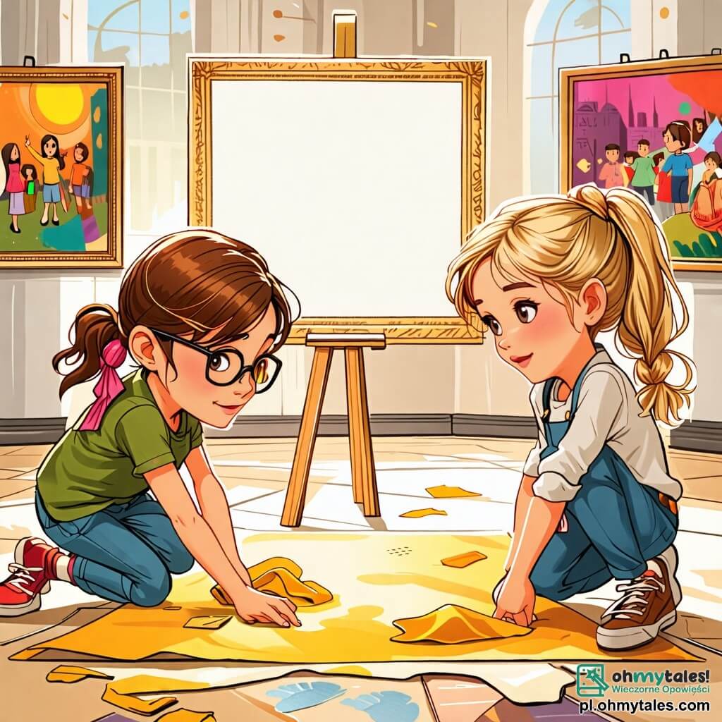 Une illustration sous forme de dessin destinée aux enfants représentant l'intérieur d'un musée lumineux avec des murs ornés de tableaux colorés, où une jeune femme détective aux cheveux châtains et aux lunettes rondes examine attentivement des empreintes de pas sur le sol, tandis qu'à ses côtés, sa meilleure amie, une fille aux cheveux blonds et aux couettes, pointe du doigt un morceau de tissu doré trouvé près d'une toile vide, le tout dans une atmosphère de mystère et d'excitation alors qu'elles tentent de résoudre le vol d'un précieux tableau.