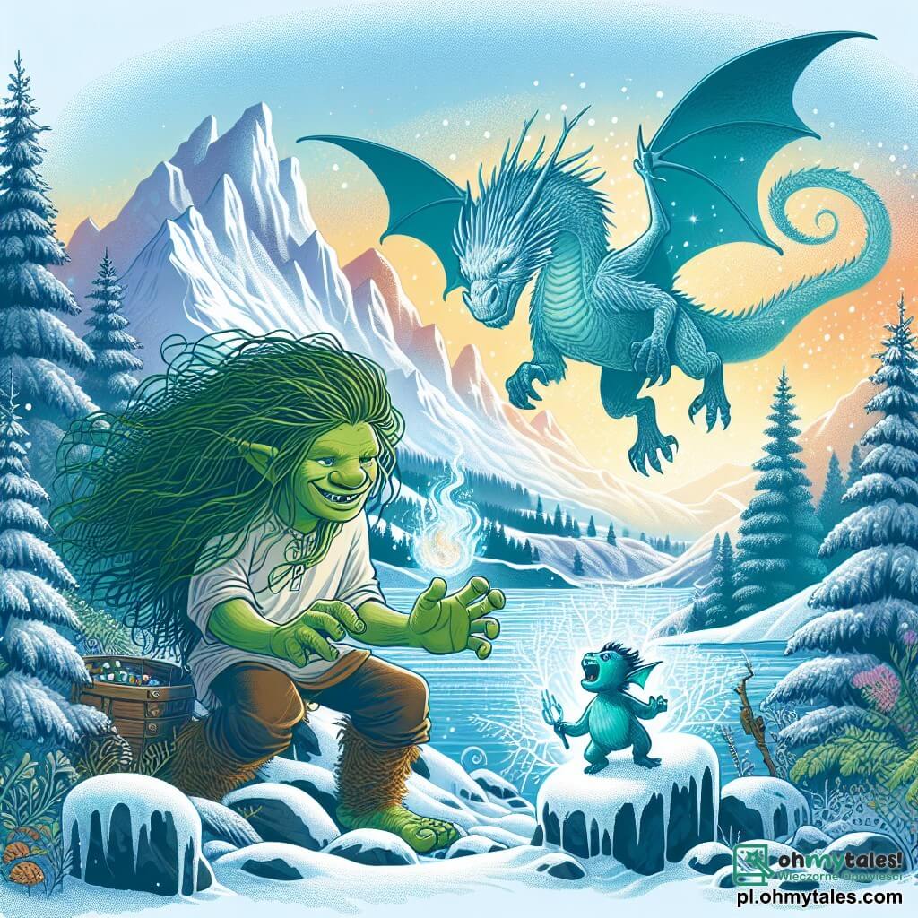 Une illustration sous forme de dessin destinée aux enfants représentant une majestueuse vallée enneigée, où un troll au teint vert éclatant et aux longs cheveux enchevêtrés, fort et souriant, s'active à libérer un petit dragon bleu aux ailes délicates, qui pleure de désespoir, tandis qu'un grand dragon de glace, avec des écailles scintillantes, observe la scène d'un air protecteur, le tout baigné dans une lumière douce et magique, symbolisant l'amitié et le courage face à l'adversité.