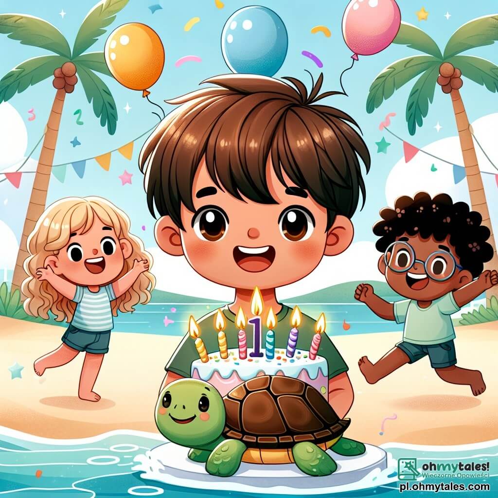 Une illustration sous forme de dessin destinée aux enfants représentant une plage ensoleillée avec des palmiers et des vagues scintillantes, où un garçon de 11 ans aux cheveux châtains et aux yeux pétillants, souriant avec enthousiasme, souffle sur des bougies d'un grand gâteau d'anniversaire en forme de tortue, entouré de trois amis : une fille aux cheveux blonds et bouclés qui applaudit, un garçon aux lunettes et aux cheveux bruns qui tient un ballon coloré, et un autre garçon aux cheveux noirs qui danse joyeusement, le tout dans une ambiance festive remplie de ballons colorés et de rires.