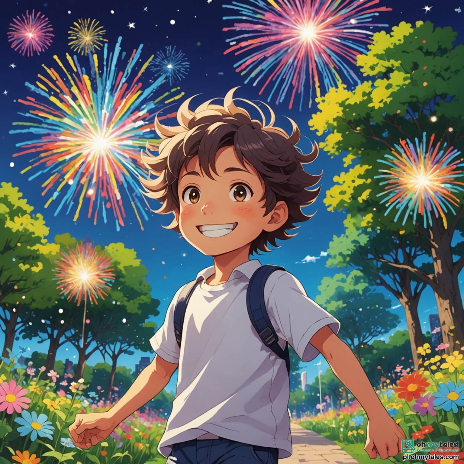 Une illustration destinée aux enfants représentant un garçon aux cheveux ébouriffés comme un nuage de coton, avec un sourire éclatant qui illumine son visage, se trouvant dans un parc coloré où les arbres dansent au rythme du vent, les fleurs éclatent de couleurs vives comme des feux d'artifice, et les rires des enfants résonnent comme une douce mélodie, alors qu'il se prépare à organiser une course folle avec sa meilleure amie, une fille pétillante aux cheveux longs et bouclés, et son ami espiègle, un garçon à la casquette vissée sur la tête, tous trois entourés de balançoires grinçantes et d'une grande aire de jeux en bois, où des aventures hilarantes et des situations cocasses les attendent à chaque coin de leur petit monde enchanté.