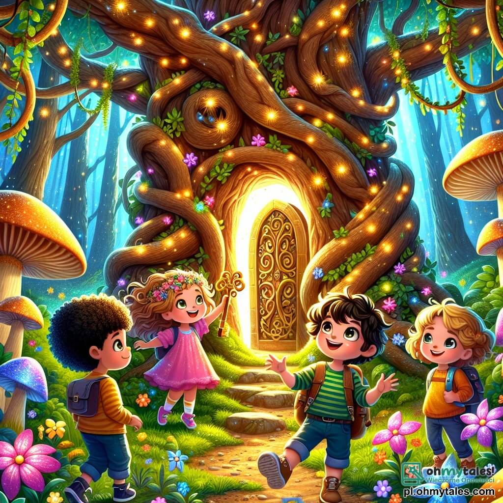 Ilustracja przedstawiająca magiczną scenę w zaczarowanym lesie, gdzie wysokie drzewa z krętymi pniami wznoszą się ku niebu, a ich liście błyszczą tysiącem kolorów w świetle słońca. Na ziemi dywan z kolorowych kwiatów i dziwacznych grzybów tworzy bajkową atmosferę. W centrum obrazu pięcioletni chłopiec z rozczochranymi brązowymi włosami i błyszczącymi z ciekawości oczami trzyma w ręku dużą złotą klucz. Obok niego pięcioletnia dziewczynka z kręconymi blond włosami i błyszczącymi oczami radośnie się uśmiecha, patrząc na mapę skarbów, którą trzyma. Za nimi dołączają inne dzieci, chłopiec z czarnymi włosami i dziewczynka z brązowymi włosami, z ekscytacją na twarzach. Wszyscy są ubrani w kolorowe i wygodne ubrania, gotowi na przygodę. Główna sytuacja pokazuje tych małych poszukiwaczy przygód odkrywających ogromne drzewo z tajemniczymi drzwiami, otoczonymi lianami i świecącymi kwiatami, symbolizującymi wejście do magicznego świata. Atmosfera jest pełna zachwytu i oczekiwania, podczas gdy delikatny promień światła przenika przez gałęzie, oświetlając scenę złotym blaskiem.
