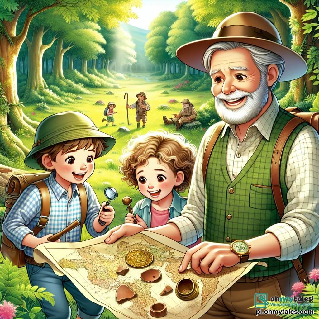 Une illustration sous forme de dessin destinée aux enfants représentant une clairière ensoleillée au cœur d'une forêt verdoyante, où un homme aux cheveux grisonnants et à la barbe soignée, vêtu d'une chemise à carreaux et d'un chapeau d'explorateur, examine attentivement une vieille carte, tandis qu'à ses côtés, une petite fille aux cheveux bouclés et une petite garçon énergique, tous deux souriants, tiennent des outils d'archéologie et regardent avec émerveillement des fragments de poterie et une ancienne pièce de monnaie découverts dans le sol, symbolisant leur aventure passionnante à la recherche de trésors du passé.