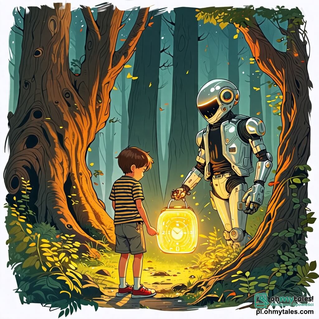 Une illustration sous forme de dessin destinée aux enfants représentant une forêt enchantée, avec de grands arbres aux troncs noueux et des feuilles brillantes, où un garçon de 10 ans aux cheveux châtains et aux yeux pétillants, vêtu d'un t-shirt rayé et d'un short, examine un mystérieux appareil en forme de montre qui brille d'une lumière dorée, tandis qu'un homme en costume futuriste, avec des lunettes holographiques et une veste argentée, l'observe avec un sourire bienveillant, alors qu'ils se préparent à partir pour une aventure incroyable à travers le temps.