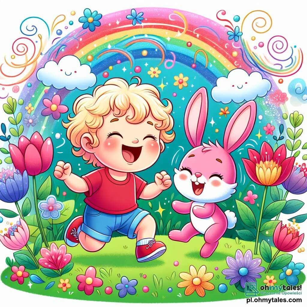 Une illustration sous forme de dessin destinée aux enfants représentant un jardin enchanté aux couleurs vives, avec un petit garçon de 1 an aux cheveux blonds bouclés, portant des spodenki niebieskie et un t-shirt rouge, riant aux éclats en sautant dans l'herbe, tandis qu'un adorable lapin rose, aux grandes oreilles et aux yeux pétillants, l'observe joyeusement, alors qu'autour d'eux, des fleurs magiques dansent et libèrent des chutes de chuchotantes chmurki cukrowe, créant une atmosphère de joie et de magie.