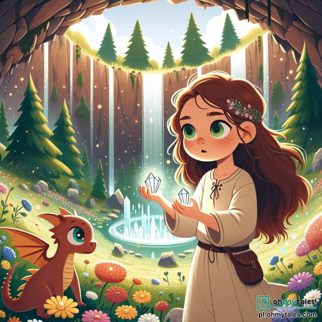 Une illustration sous forme de dessin destinée aux enfants représentant une doline magique baignée de lumière, entourée de fleurs colorées et de grands arbres aux feuilles scintillantes, où une jeune fille courageuse aux longs cheveux châtains et aux yeux verts, vêtue d'une tunique en lin, se tient déterminée, tenant trois cristaux brillants dans ses mains, tandis qu'un petit dragon brun aux yeux larmoyants, avec des ailes délicates, l'observe avec espoir, alors qu'ils s'apprêtent à briser une malédiction qui pèse sur la vallée enchantée.