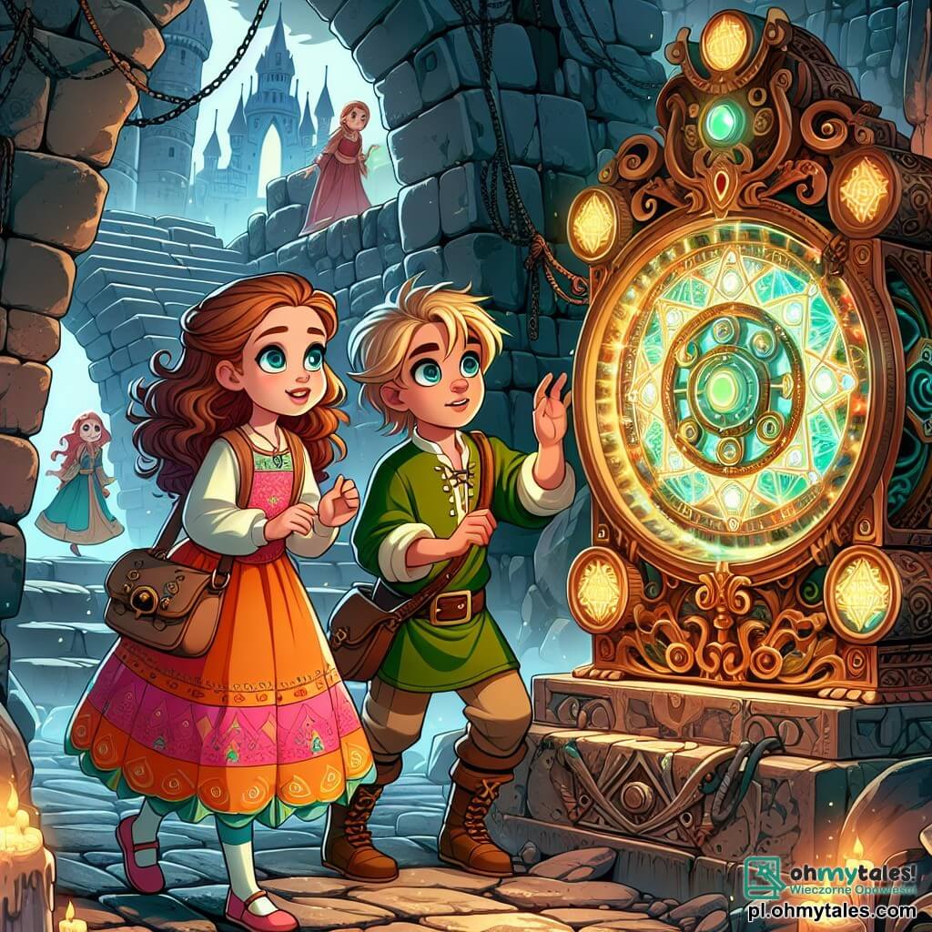 Une illustration sous forme de dessin destinée aux enfants représentant une scène magique dans les ruines d'un vieux château, où une fille de 11 ans aux cheveux bruns et bouclés, vêtue d'une robe colorée, se tient émerveillée devant une ancienne machine mystérieuse ornée de symboles lumineux, tandis qu'un garçon aux cheveux blonds et un sourire audacieux, vêtu d'une tunique verte, l'encourage à activer le mécanisme avec un éclat de curiosité dans ses yeux, illustrant leur aventure fantastique où la magie et la technologie se rencontrent pour révéler des secrets oubliés.