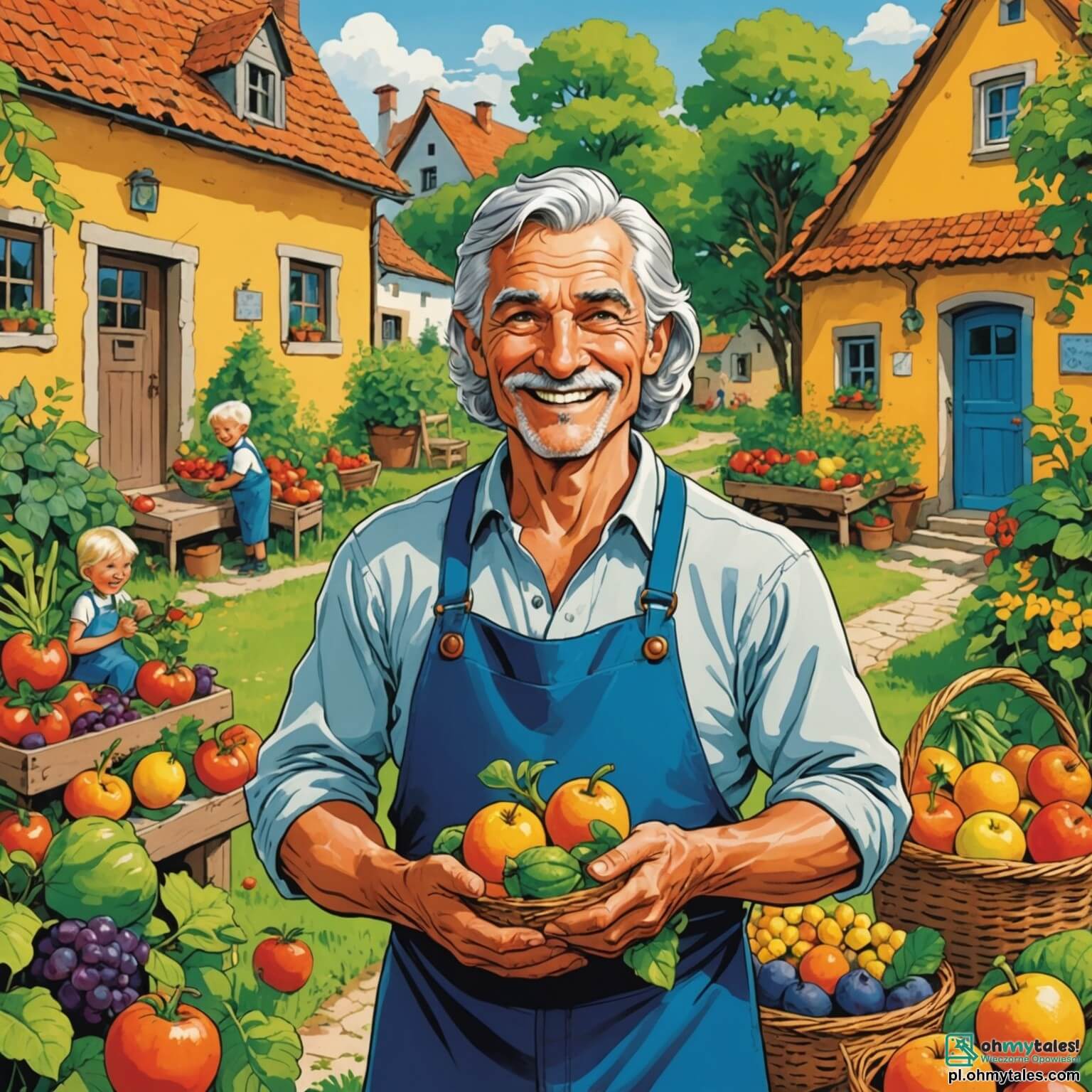 Une illustration destinée aux enfants représentant un homme au sourire chaleureux et aux bras musclés, travaillant avec soin dans un jardin luxuriant de la vibrante wioska Złote Słońce, où les couleurs éclatantes des fruits et légumes se mêlent à la mélodie des rires d'enfants aux yeux pétillants, tandis qu'une vieille femme sage, aux cheveux d'argent et à la voix douce comme le murmure du vent, lui confie une mission périlleuse pour sauver sa communauté des ombres menaçantes qui volent la joie, le tout sous un ciel étoilé où la lune veille comme une gardienne bienveillante.
